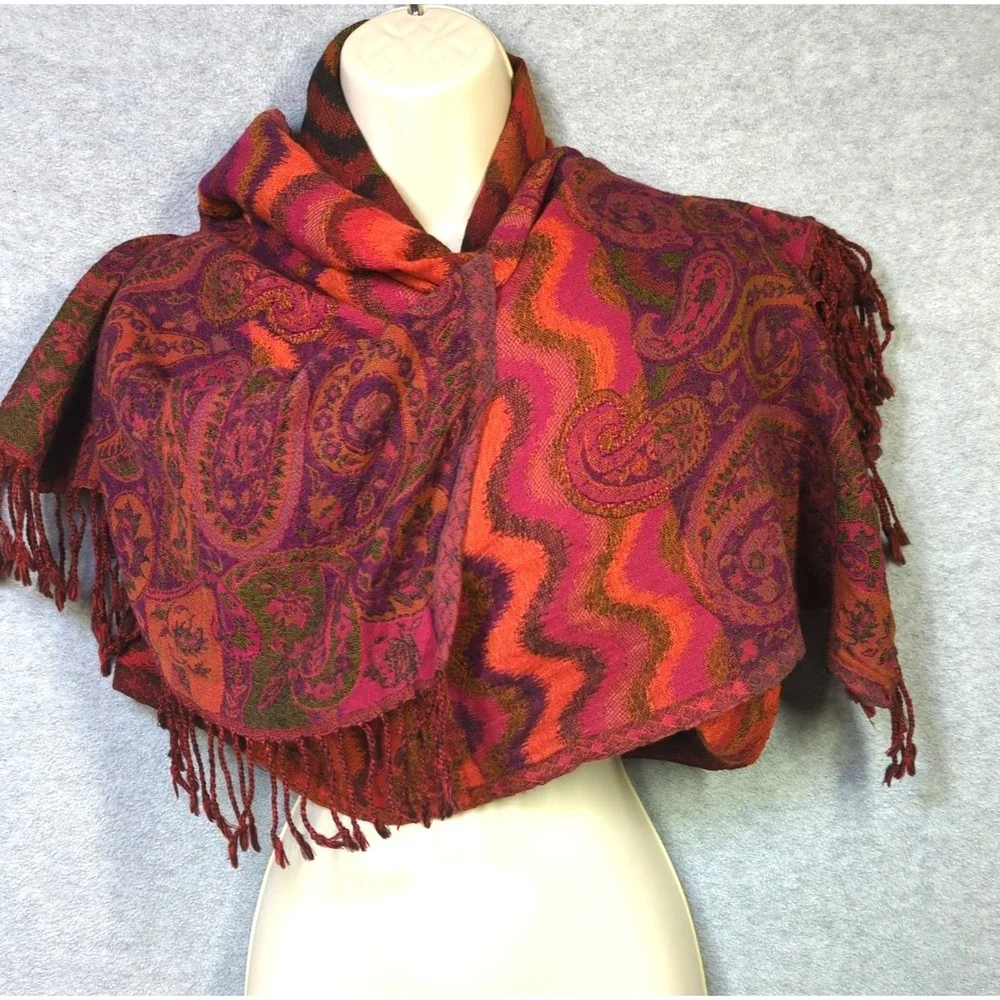 CODELLO 100% Wool Scarf Wrap  Abstract Paisley 68x26 Stunner Colors Chic Boho